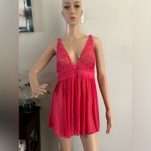 Rachel Roy Babydoll Nightie Size 2X Sheer Lace Adjustable Romantic Hot Pink